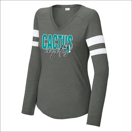 Cactus Magnet Academy Ladies Halftime Stripe Long Sleeve V-Neck Tee