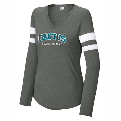 Cactus Magnet Academy Ladies Halftime Stripe Long Sleeve V-Neck Tee - Design A