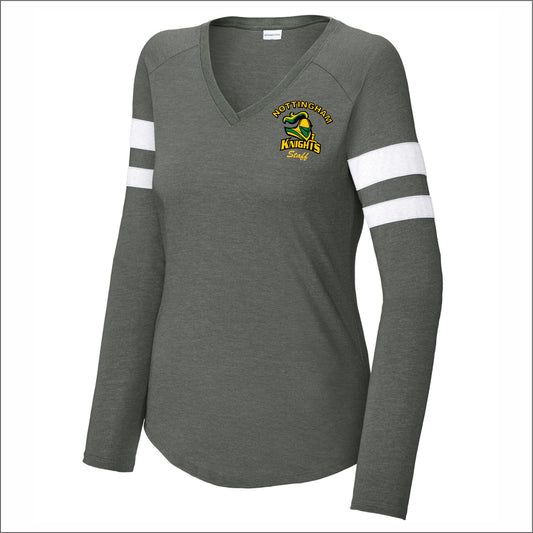 Nottingham Staff Ladies Halftime Stripe Long Sleeve V-Neck Tee